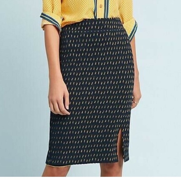 Maeve Dresses & Skirts - Anthropologie Maeve Hannon Navy Yellow Textured Slit Pencil Skirt size 0